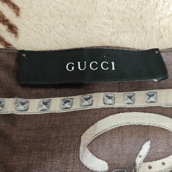 Gucci GG Logo Belt Print Blue & Brown Rectangle Fringe Wool/Silk Pashmina Scarf - Picture 3 of 7